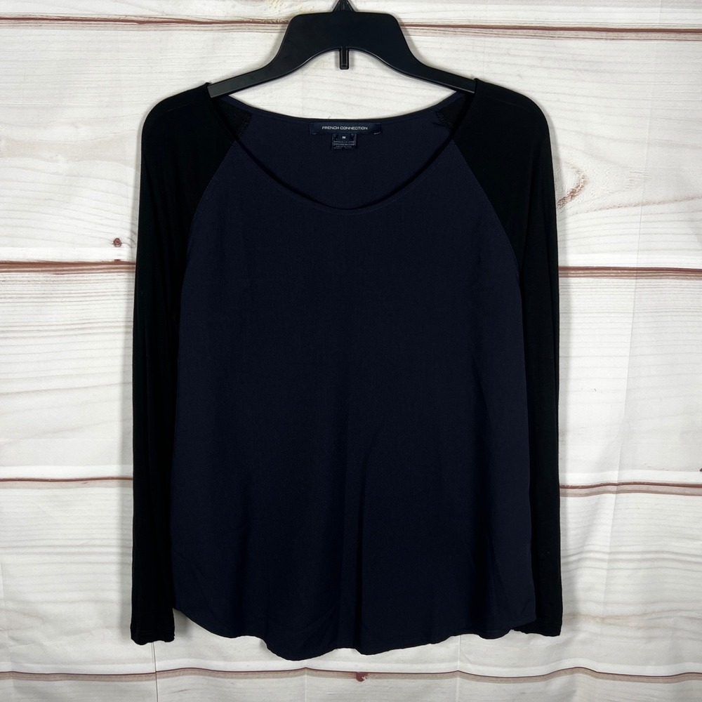 French Connection Raglan Top Womens M Navy Blue Black Solid Mixed Media Blouse